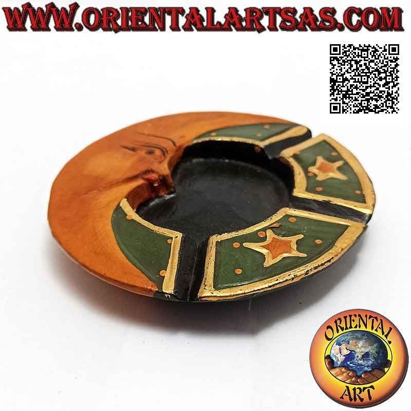 Posacenere tondo piatto con decorazione dipinta "sole e luna" in legno di balsa (piccolo)