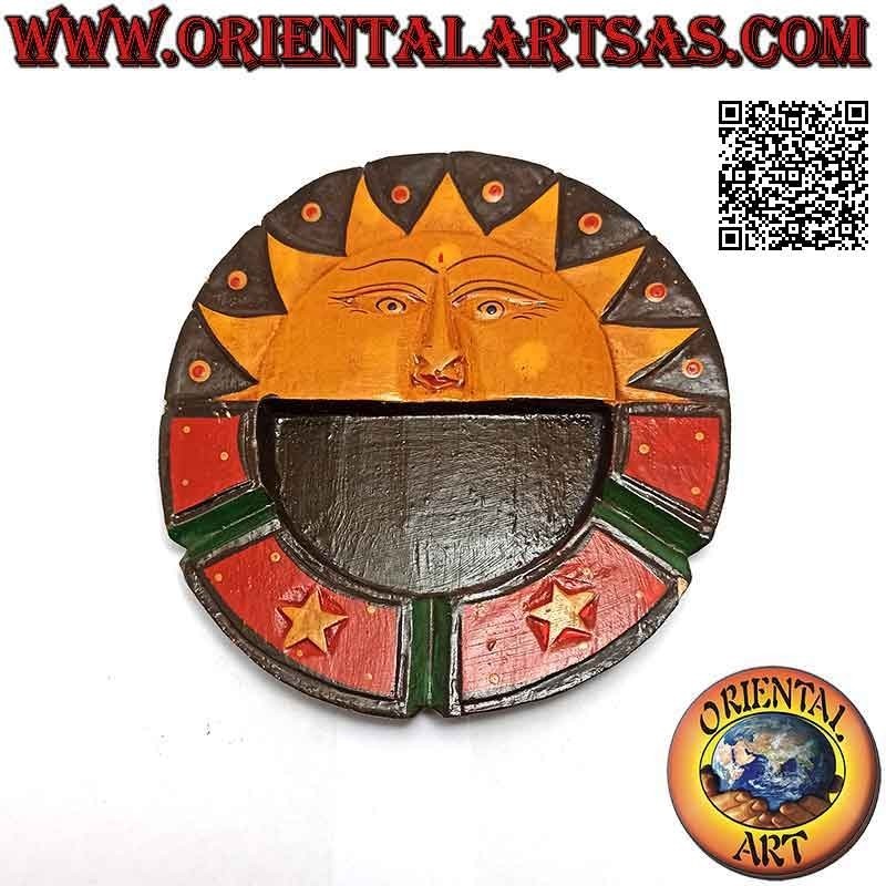 Round flat ashtray with "sun and moon" painted decoration in balsa wood (medium)