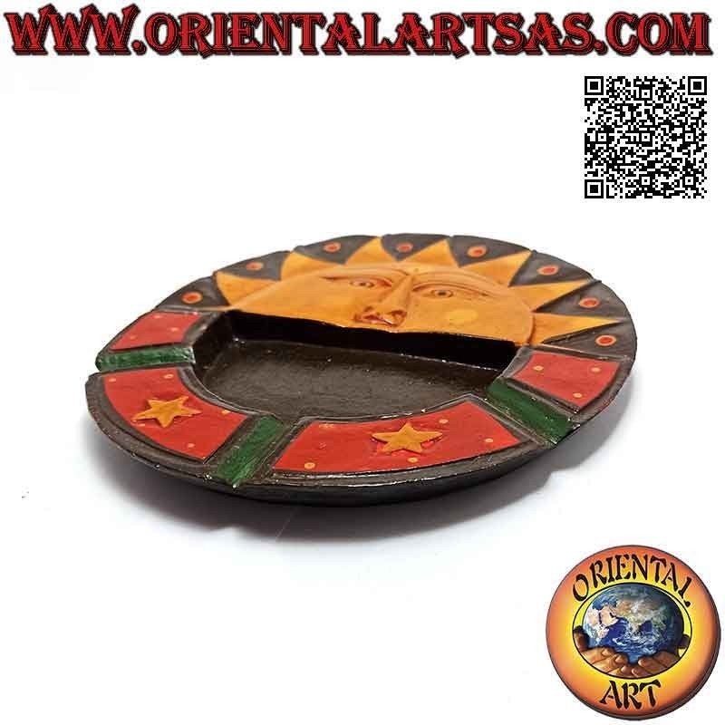 Round flat ashtray with "sun and moon" painted decoration in balsa wood (medium)