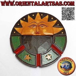 Round flat ashtray with "sun and moon" painted decoration in balsa wood (large)
