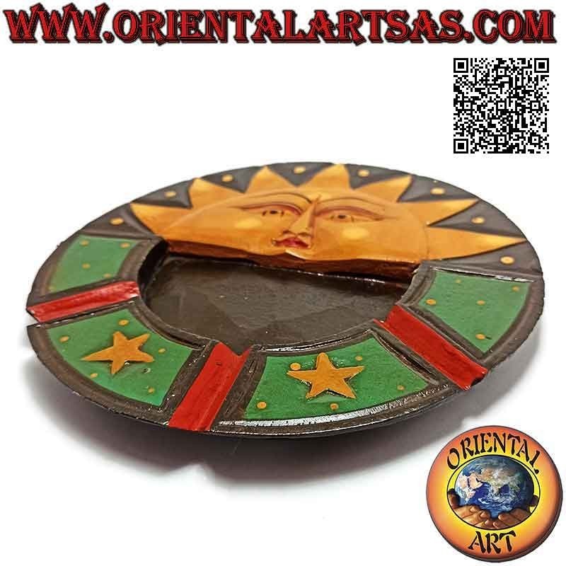 Round flat ashtray with "sun and moon" painted decoration in balsa wood (large)