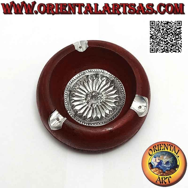 Round ashtray in mahogany wood with nickel silver or silver plate (red)