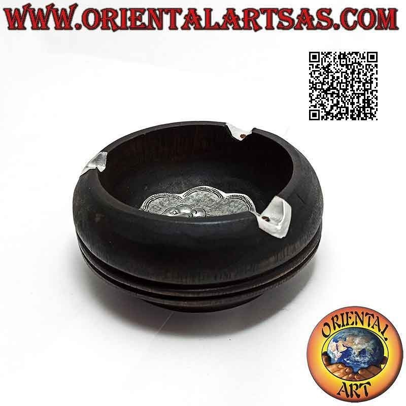 Round ashtray in mahogany wood with nickel silver or silver plate (natural)