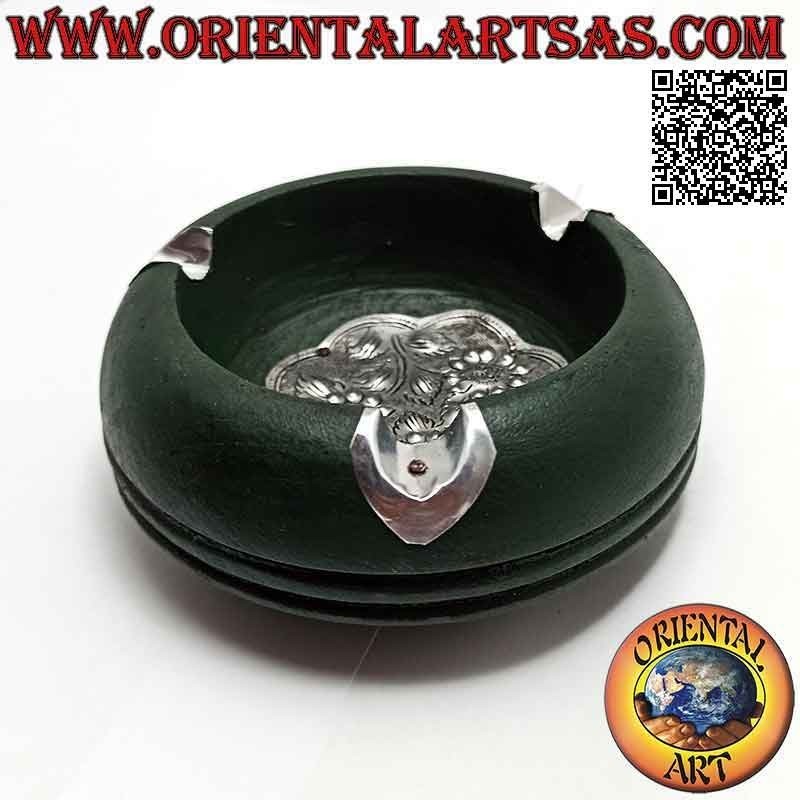 Cenicero redondo en madera de caoba con placa de alpaca o plata (verde)