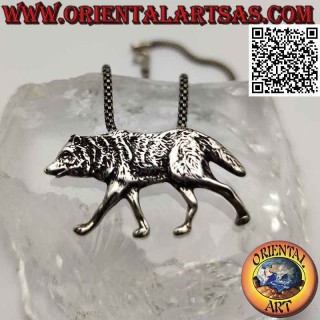 Silver pendant, wolf walking in profile