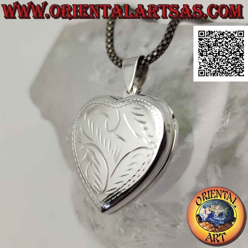 Pendentif photo plat en forme de coeur en argent avec décoration florale incrustée (27 mm)
