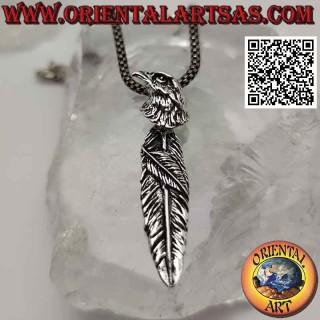 Pendentif en argent, plume avec tête d'aigle royal crochu