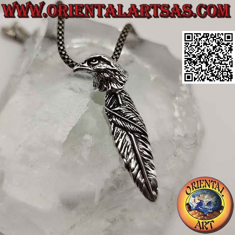 Silver pendant, feather with hooked royal eagle head