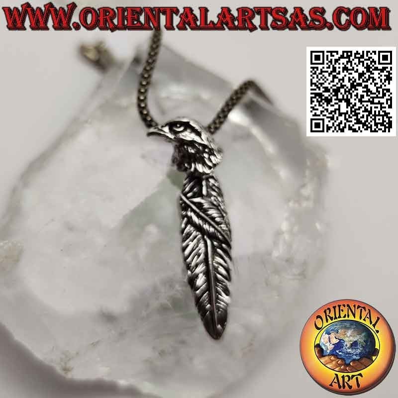 Silver pendant, feather with hooked royal eagle head