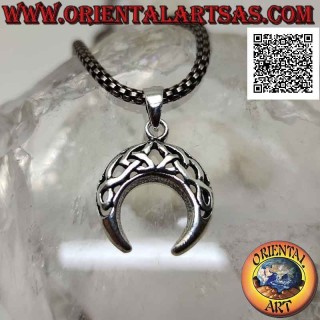 Colgante de plata, media luna wicca con puntas hacia abajo y decoración calada de nudos celtas