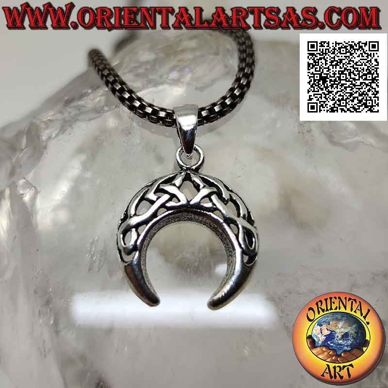 Pendentif en argent, croissant wicca à pointes descendantes et décor ajouré de nœuds celtiques