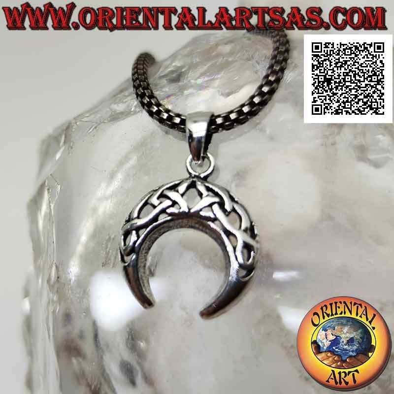 Ciondolo in argento, mezzaluna wicca con punte verso il giù e decoro traforato di nodi celtici