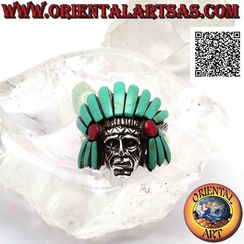 Bague en argent, tête de sauge amérindienne avec coiffe turquoise et cornaline et plumes sur les côtés