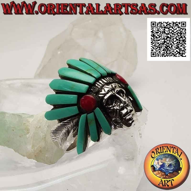 Anillo de plata, cabeza de sabio indio nativo americano con tocado de turquesa y cornalina y plumas a los lados