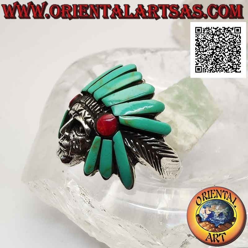 Silver ring, head of Native American Indian sage with turquoise and carnelian headdress and feathers on the sides