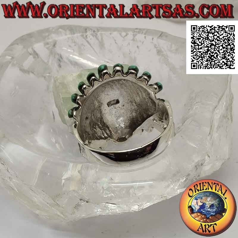 Silver ring, head of Native American Indian sage with turquoise and carnelian headdress and feathers on the sides