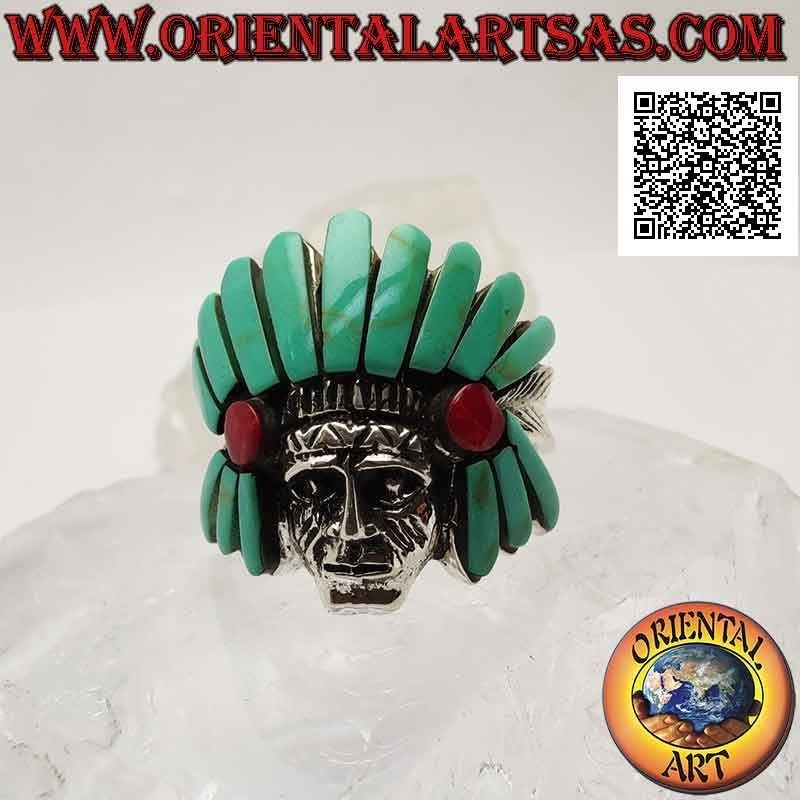 Silver ring, head of Native American Indian sage with turquoise and carnelian headdress and feathers on the sides