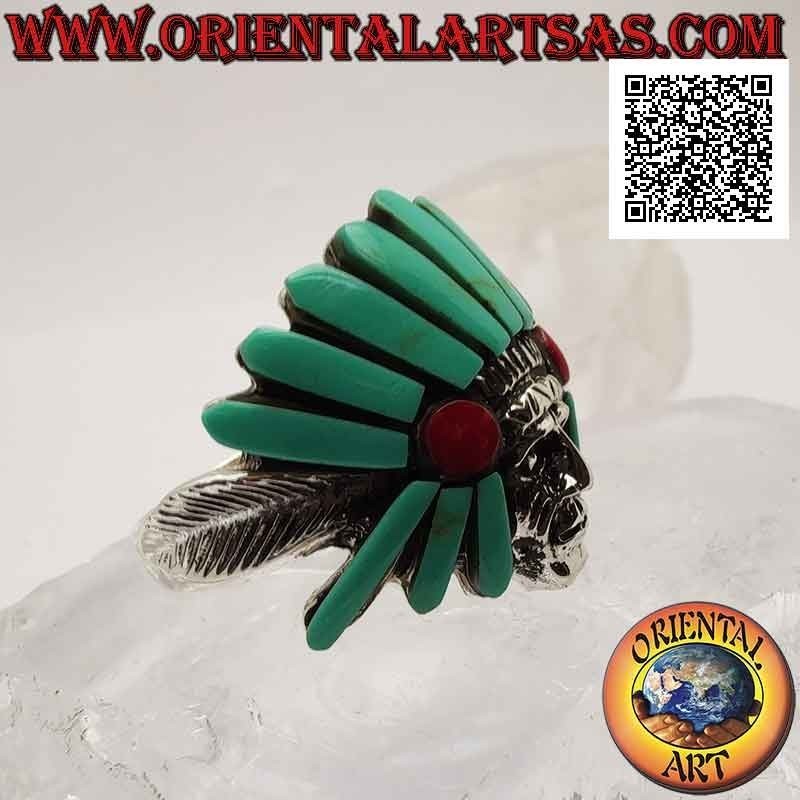 Anello in argento, testa del saggio Indiano nativo d'America con copricapo di turchese e corniola e piume ai lati