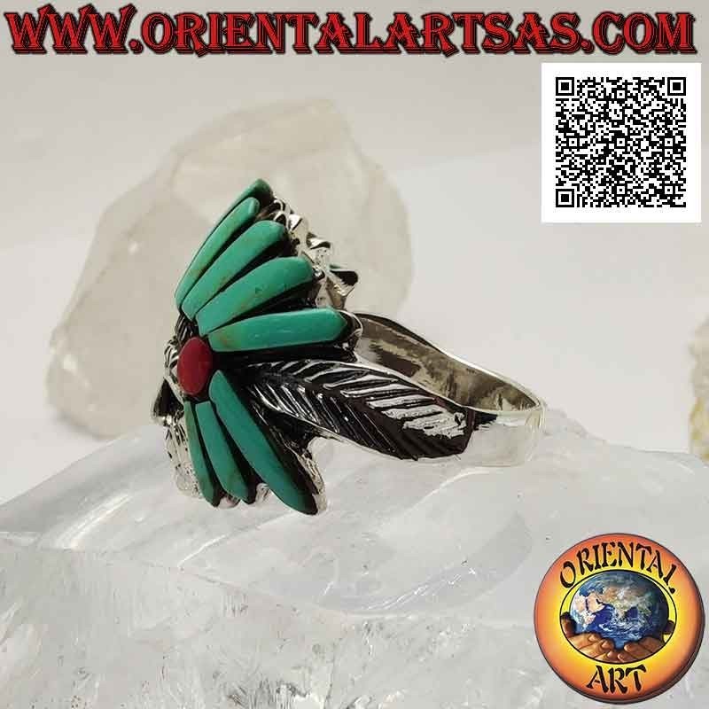 Silver ring, head of Native American Indian sage with turquoise and carnelian headdress and feathers on the sides