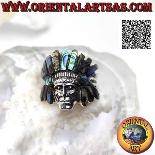 Silver ring, Native American Indian sage head with abalone (paua) headdress and feathers on the sides (A)