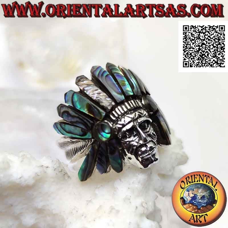 Silberring, indianischer Salbeikopf mit Abalone (Paua) Kopfschmuck und Federn an den Seiten (A)
