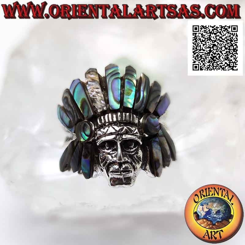 Silver ring, Native American Indian sage head with abalone (paua) headdress and feathers on the sides (A)