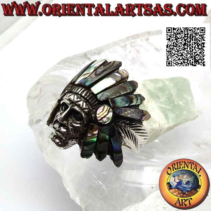 Silberring, indianischer Salbeikopf mit Abalone (Paua) Kopfschmuck und Federn an den Seiten (B)