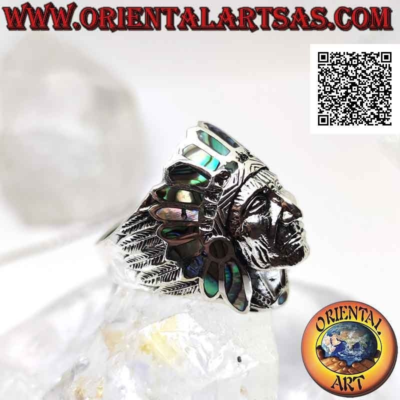 Silver ring, large head of an American Indian with abalone (paua) feathers