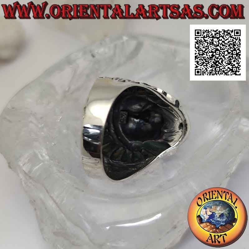 Silver ring, large head of an American Indian with abalone (paua) feathers