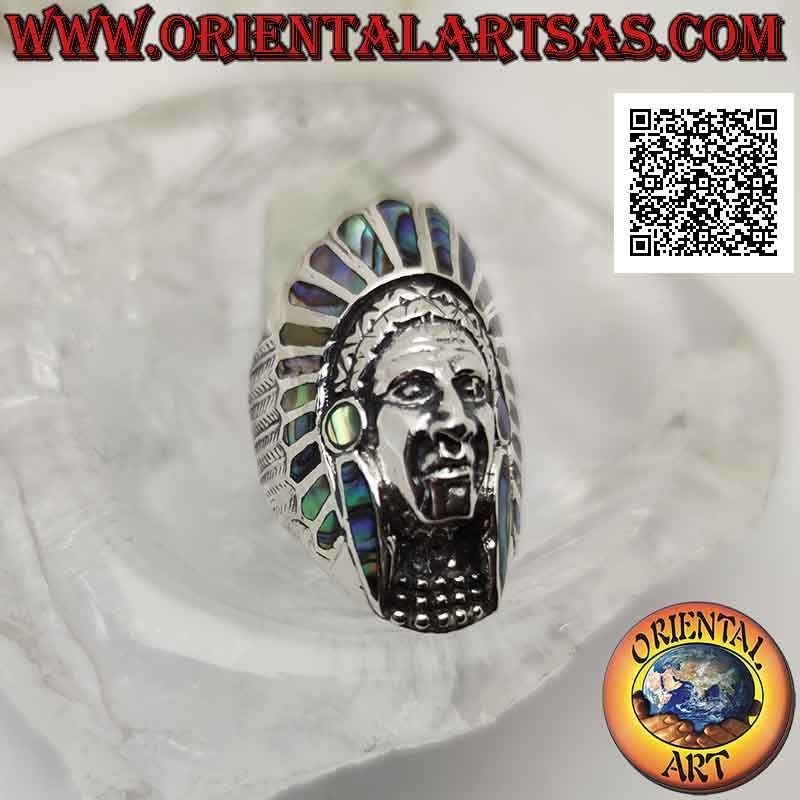 Silver ring, long narrow head of an American Indian with abalone (paua) feathers