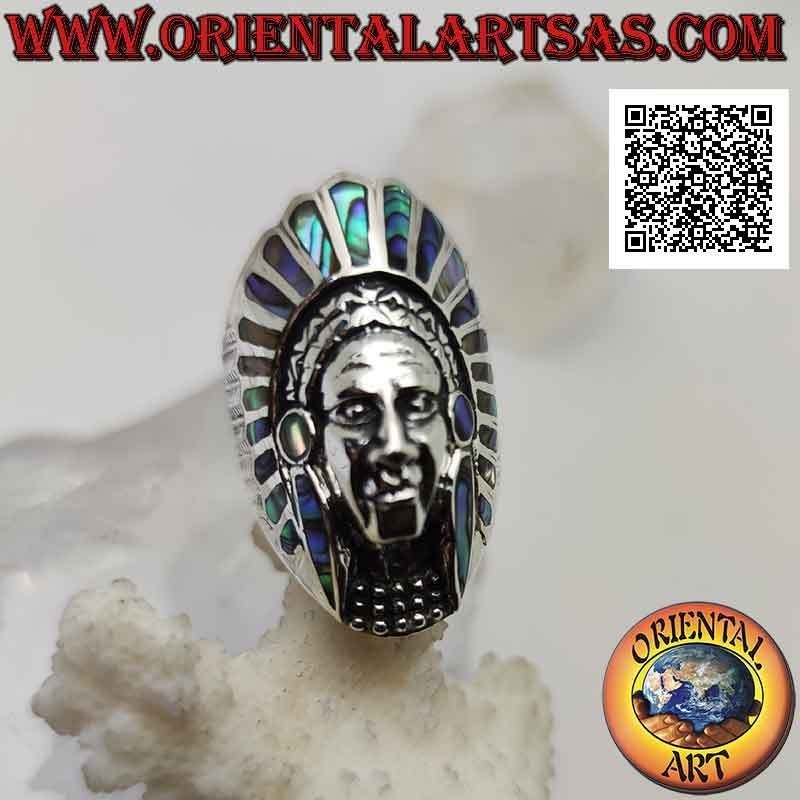 Silver ring, long narrow head of an American Indian with abalone (paua) feathers