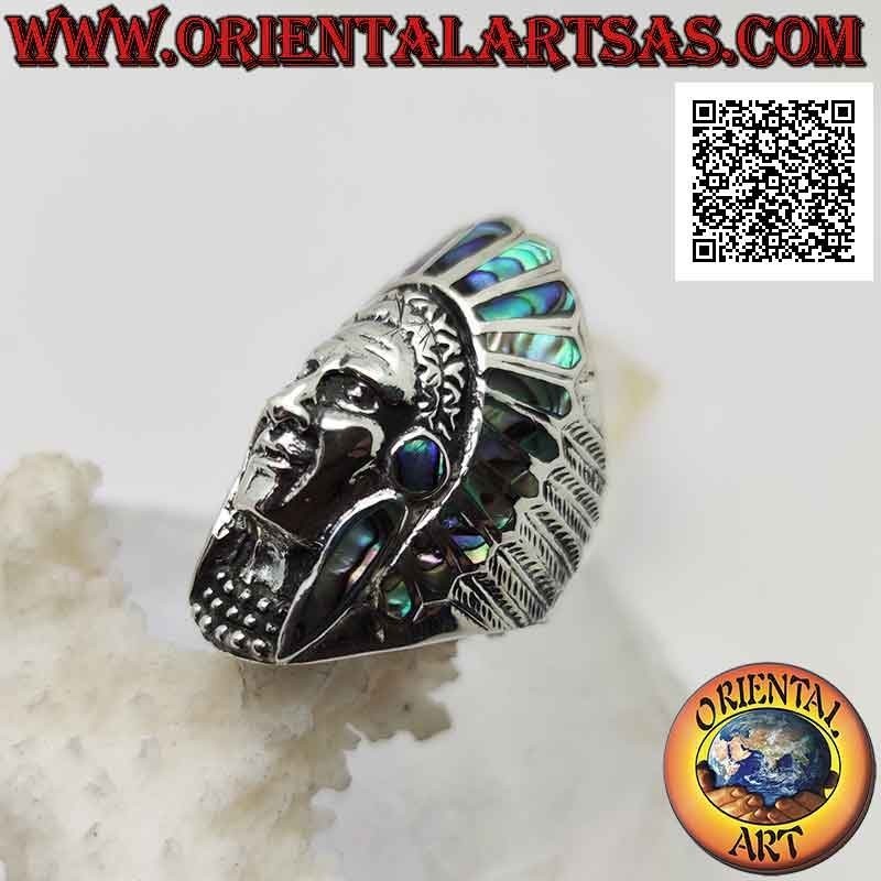 Anillo de plata, cabeza larga y estrecha de indio americano con plumas de abulón (paua)