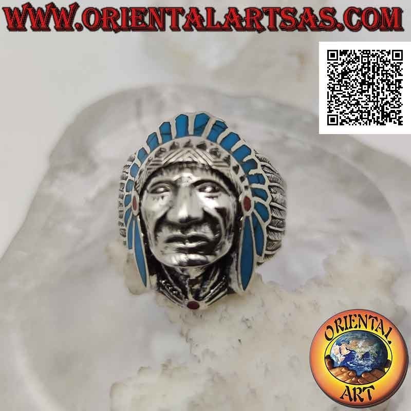 Native American Indian head silver ring with turquoise feathers and side feather band