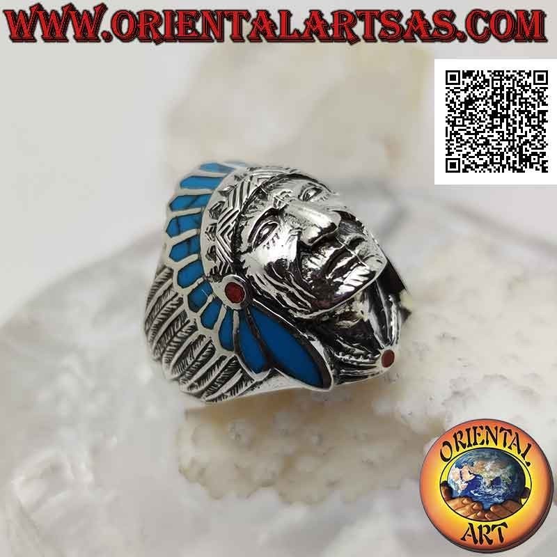 Native American Indian head silver ring with turquoise feathers and side feather band