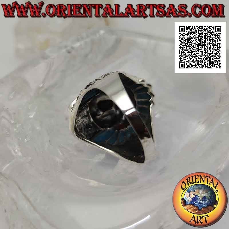 Anillo de plata con cabeza de indio nativo americano con plumas de color turquesa y banda lateral de plumas