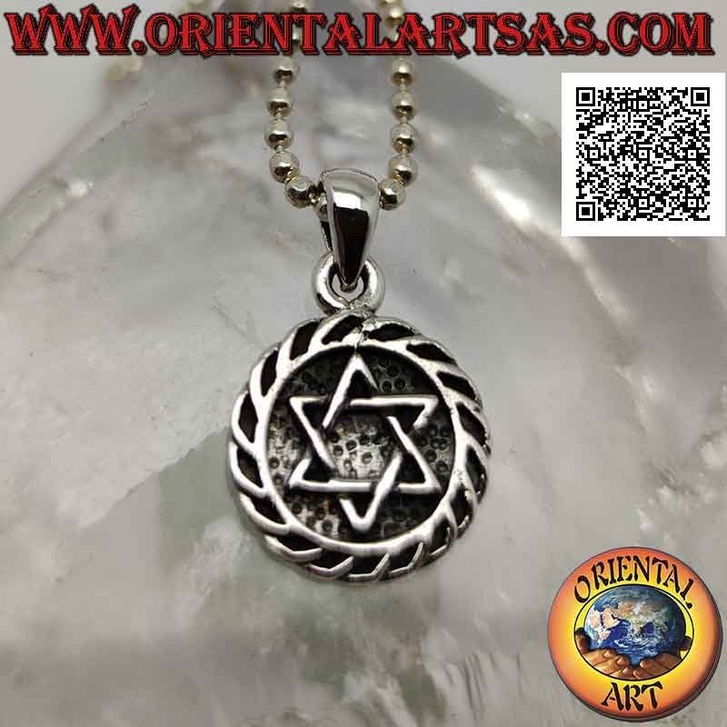 Silver pendant, star of David or Solomon's seal (intertwined) in bas-relief in the circle with knot