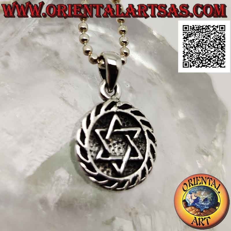 Silver pendant, star of David or Solomon's seal (intertwined) in bas-relief in the circle with knot