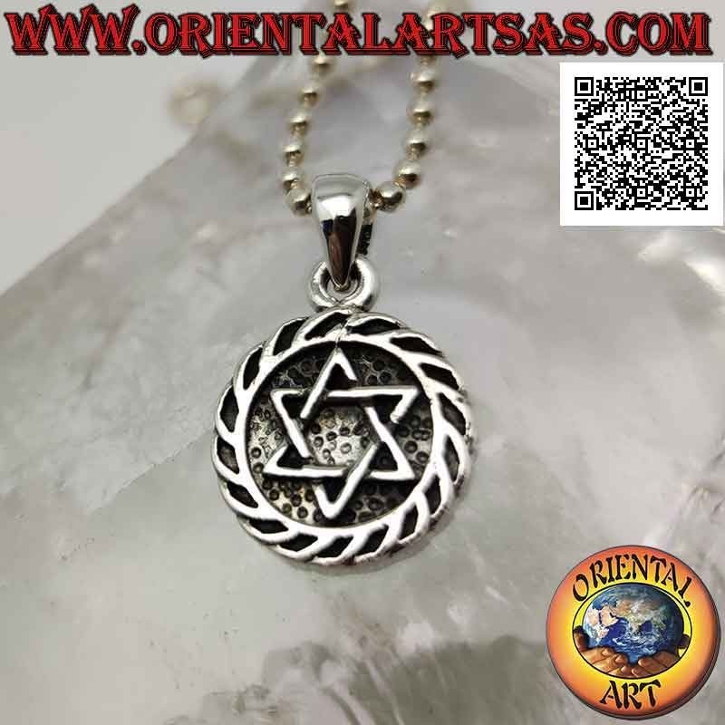 Silver pendant, star of David or Solomon's seal (intertwined) in bas-relief in the circle with knot