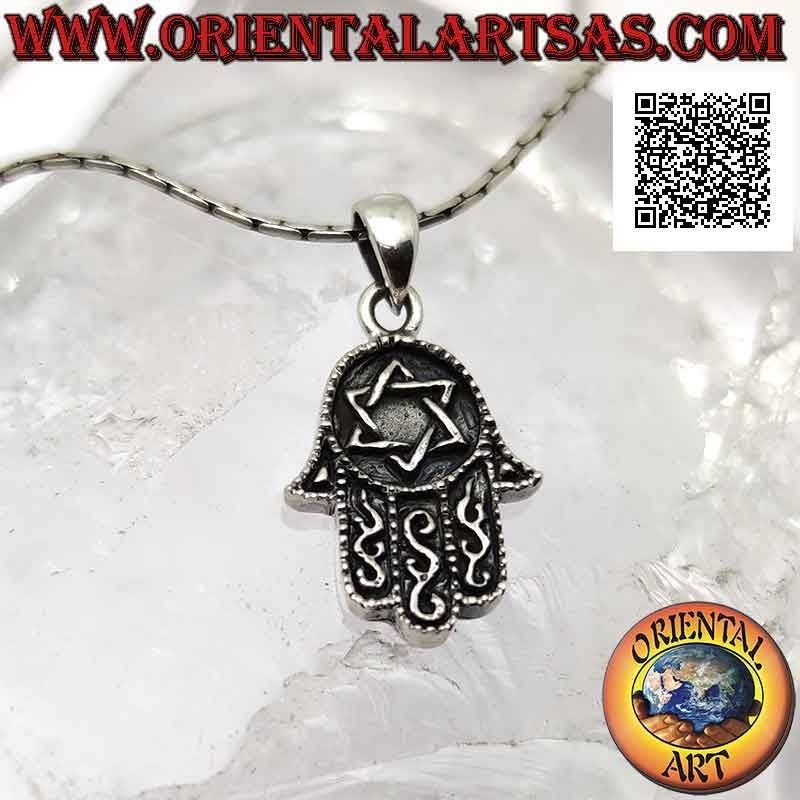 Silberanhänger, Hand von Fatima Hamsa mit Basrelief Davidstern auf der Handfläche