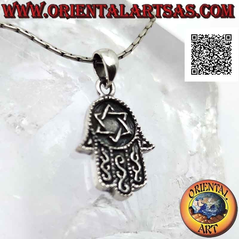 Silver pendant, hand of Fatima Hamsa with bas-relief star of David on the palm