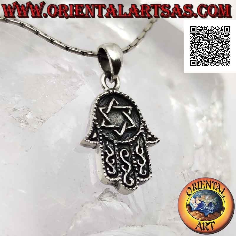 Colgante de plata, mano de Fátima Hamsa con estrella de David en bajorrelieve en la palma