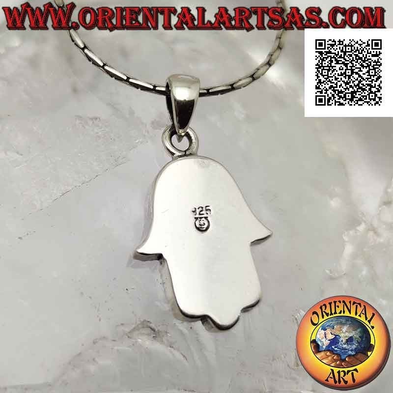 Colgante de plata, mano de Fátima Hamsa con estrella de David en bajorrelieve en la palma