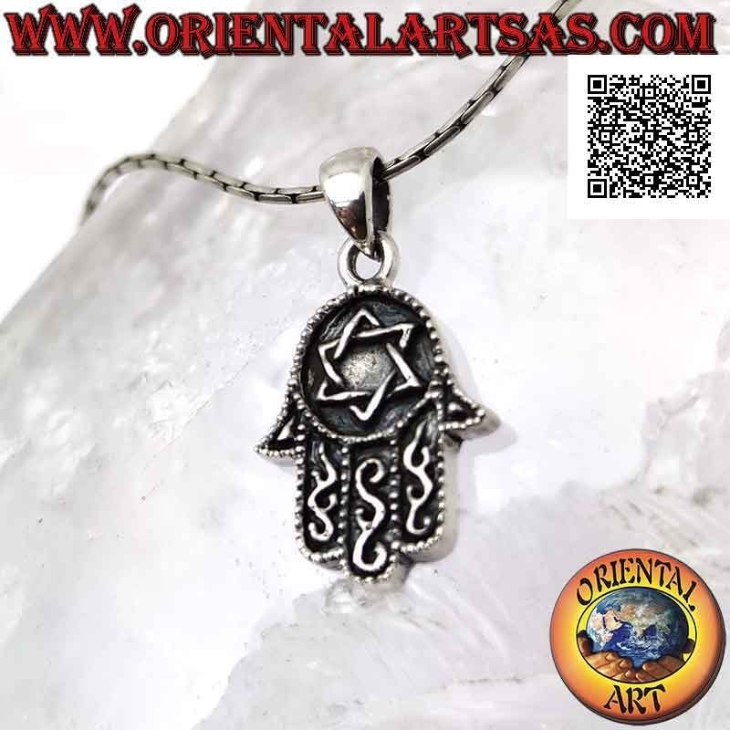 Silberanhänger, Hand von Fatima Hamsa mit Basrelief Davidstern auf der Handfläche