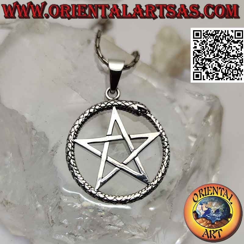 Silver pendant, Ouroboros with pentacle (pointing upwards)