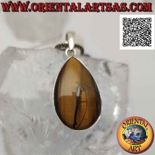 Pendentif en argent avec gros cabochon goutte oeil de tigre sur monture lisse