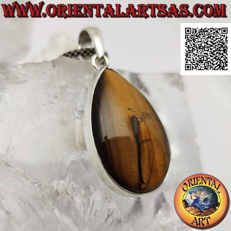 Colgante de plata con gran ojo de tigre gota de cabujón en engaste liso