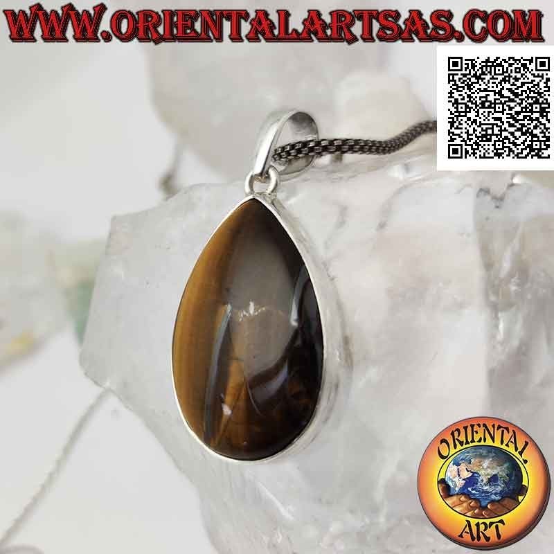 Silver pendant with large cabochon drop tiger eye on smooth setting