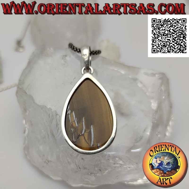 Silver pendant with large cabochon drop tiger eye on smooth setting
