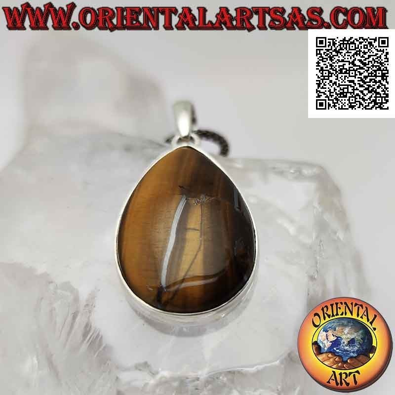 Silver pendant with large cabochon drop tiger eye on smooth setting