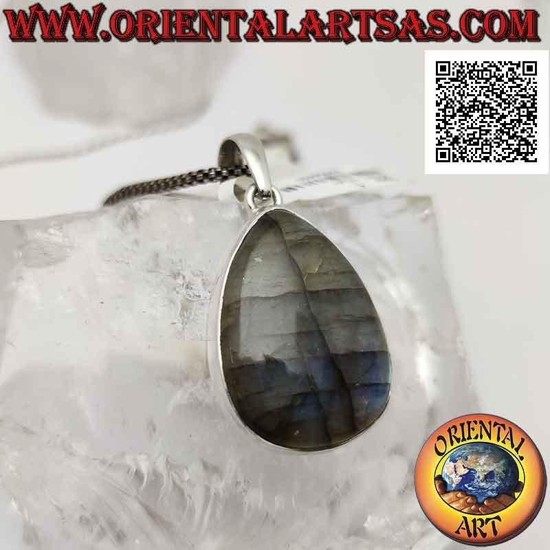 Silver pendant with a large cabochon drop labradorite on a smooth setting